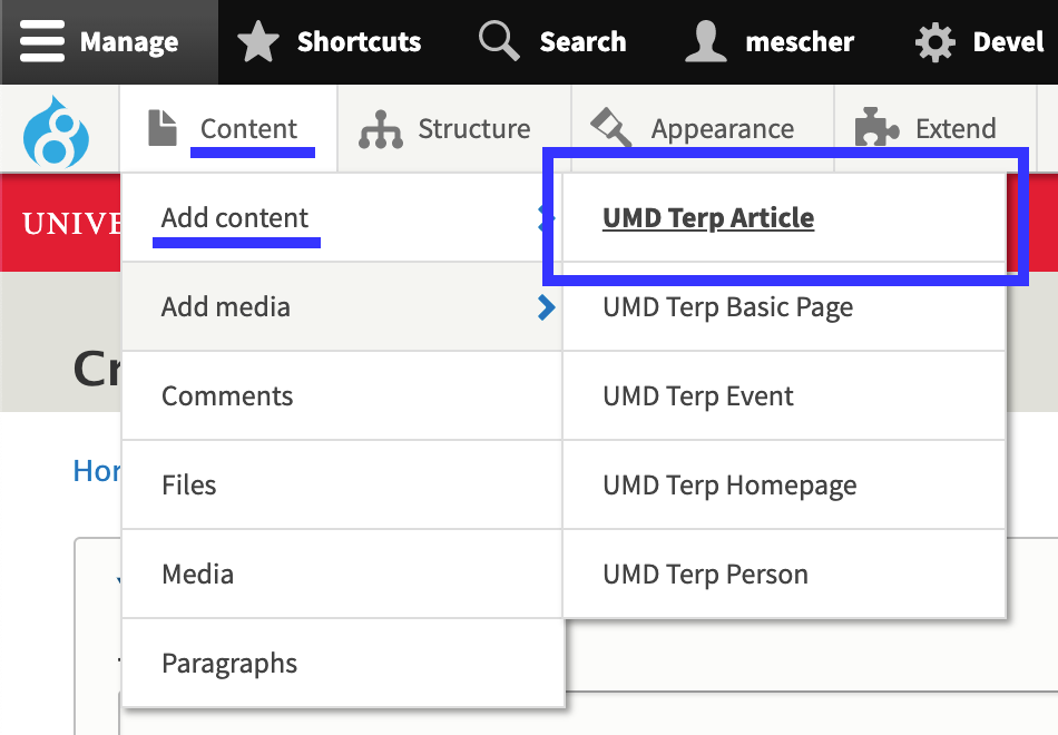 Screenshot of the Admin toolbar with the Add "UMD Terp Article" menu item highlighted for importance