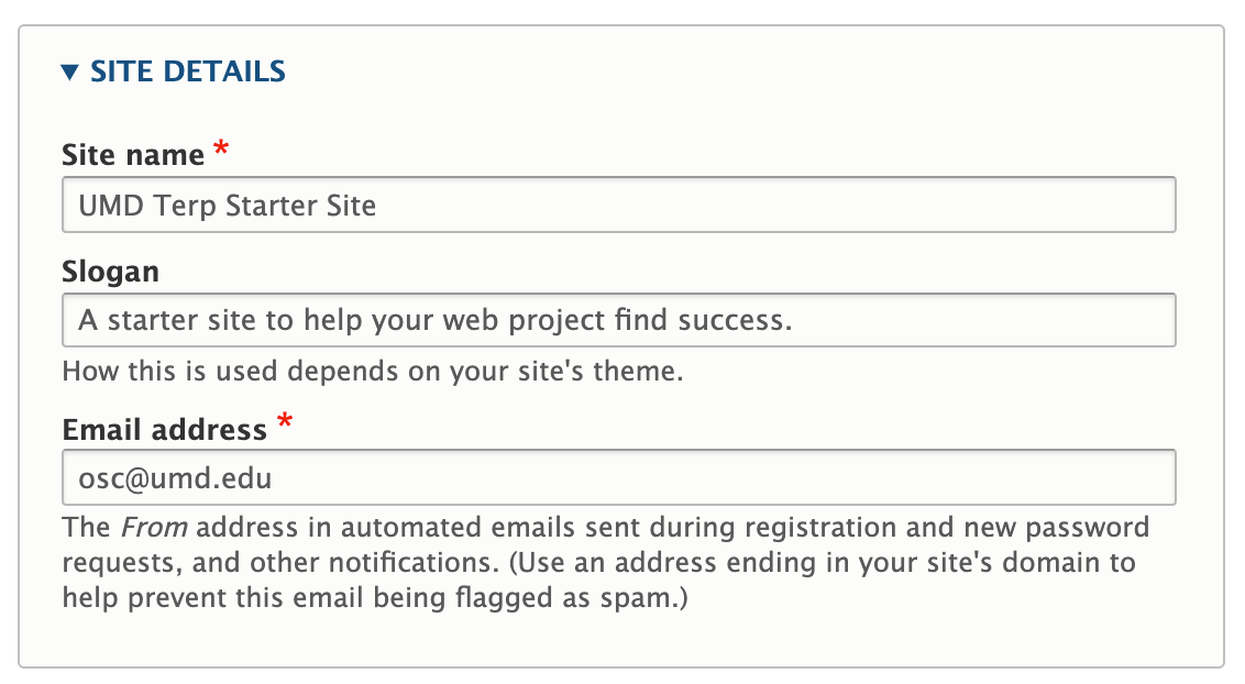 Basic Site settings administrator panel for Site Name, Slogan, and Email address filled out with example content