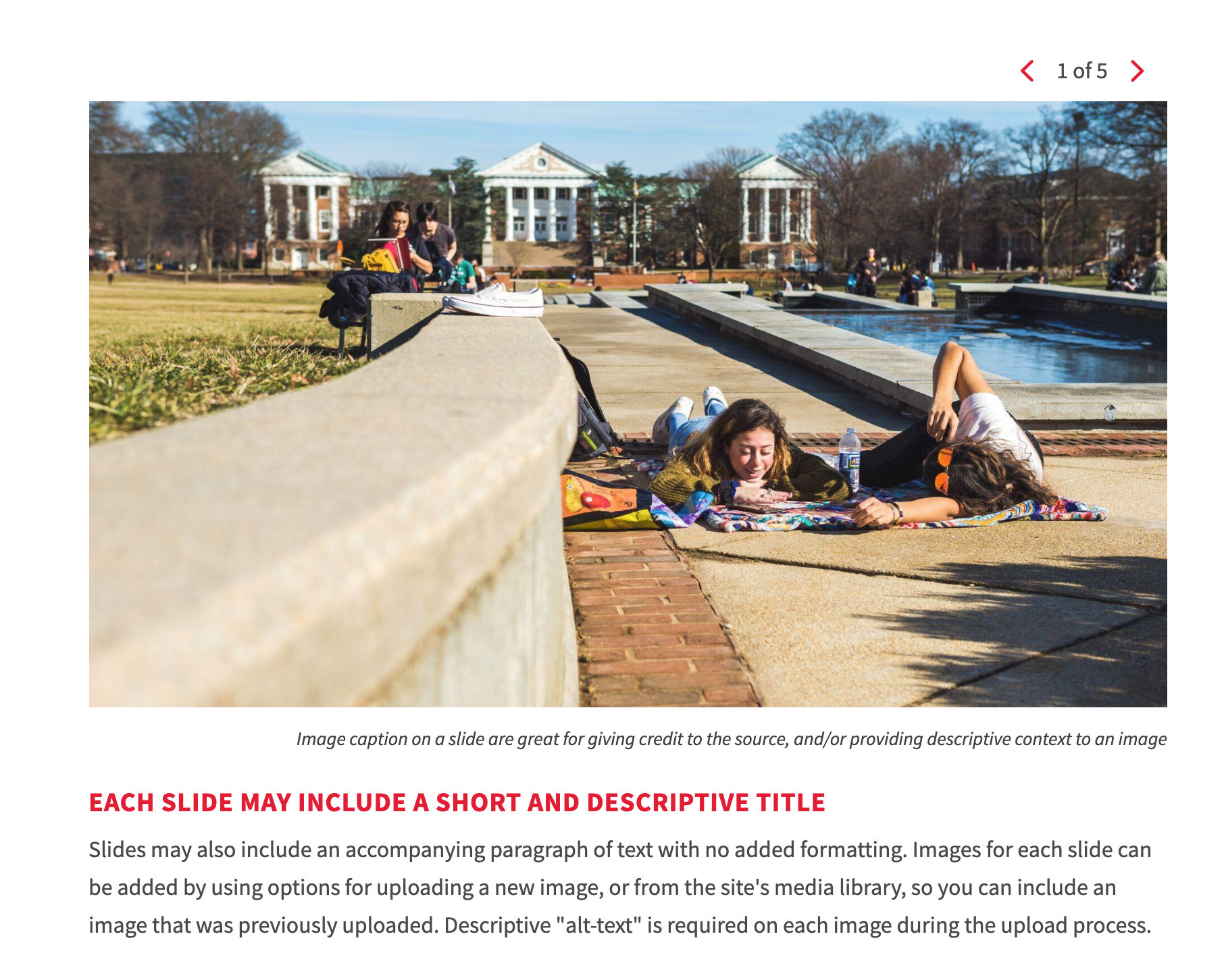 Screenshot of UMD's Styled Slideshow with an Image of students lounging on McKeldin Mall, and some filler text for the image caption, title and descriptive