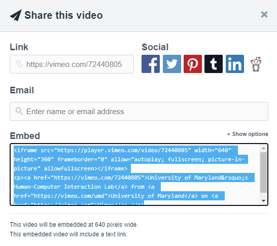 Vimeo share window open with embed code highlighted