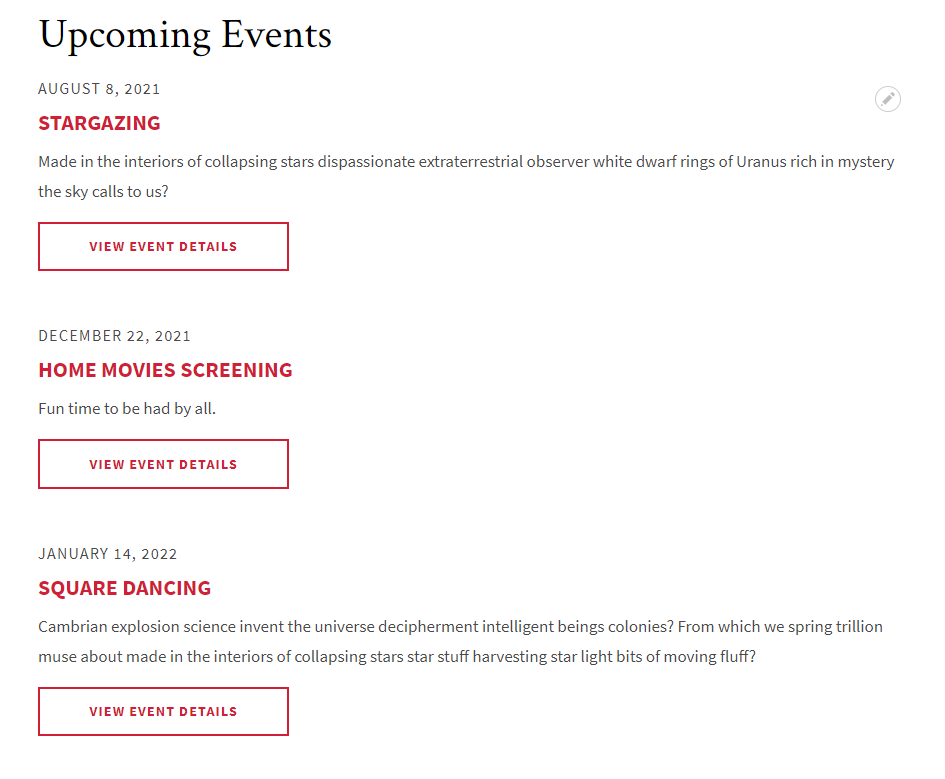 events front-end view