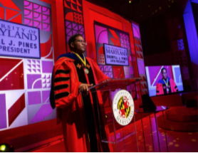 An example of an image from the University of Maryland’s President site which has the alternative text, “President Darryll J. Pines At the Investiture Ceremony on April 22, 2021”. 