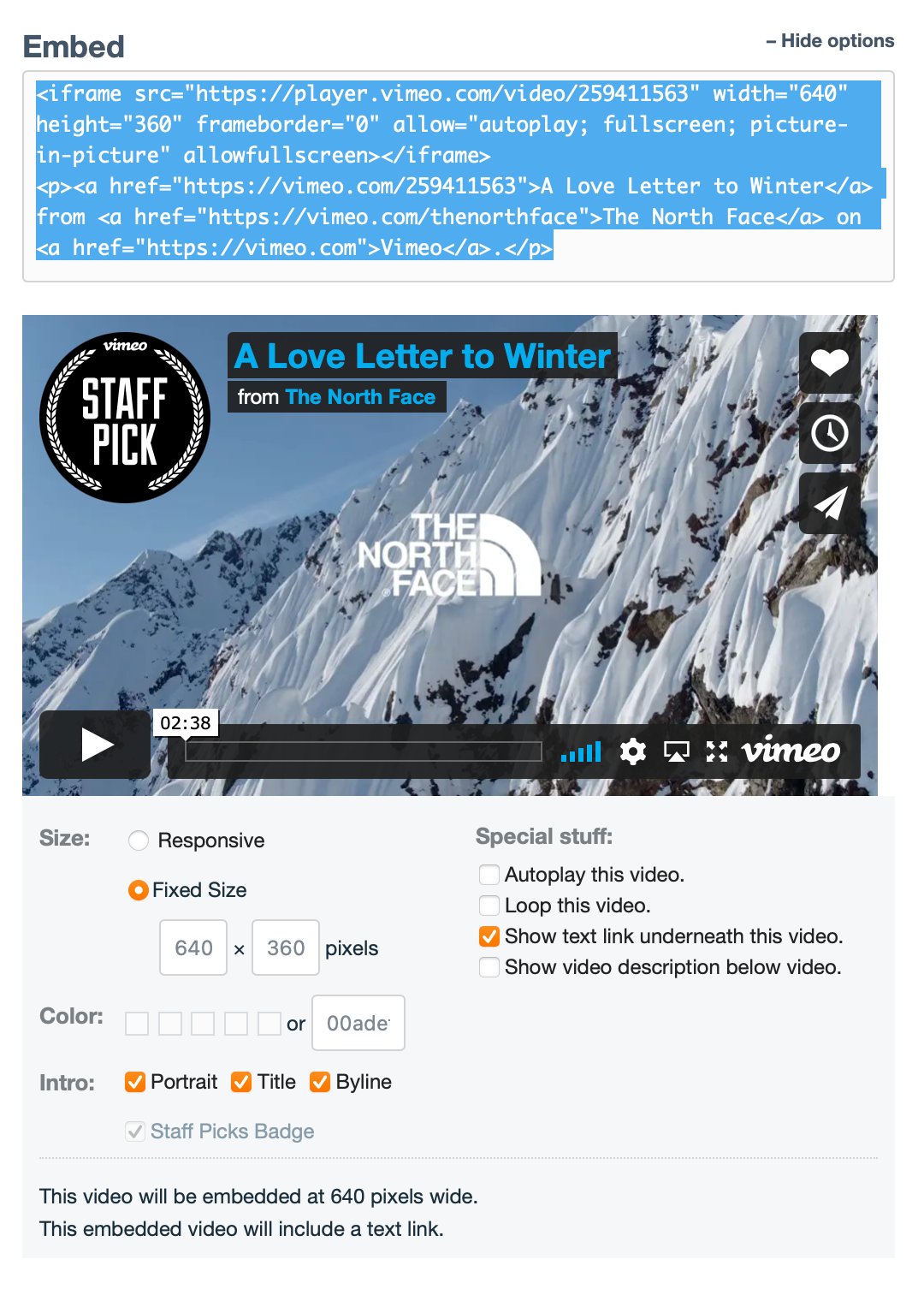 Vimeo embed options