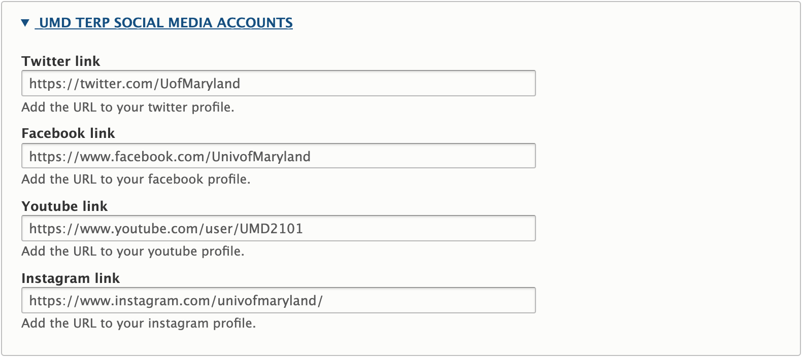 UMD Terp social media account fields