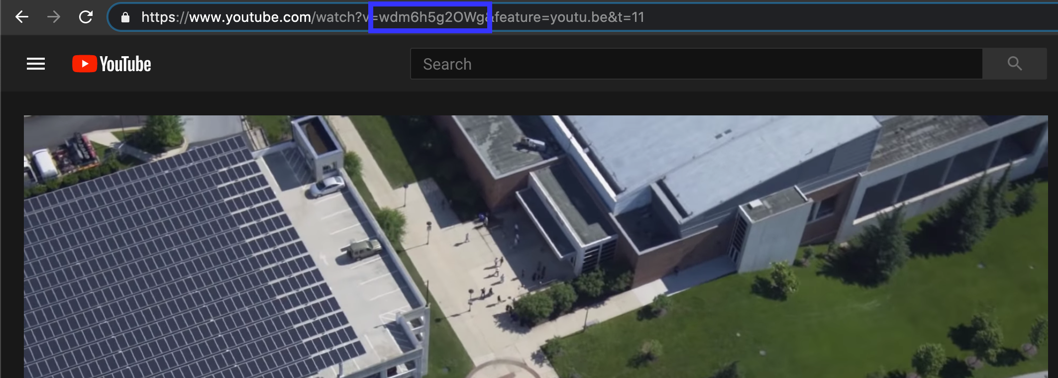 Blue square on a screenshot of the web address bar highlighting the video's ID between a lot of other address information