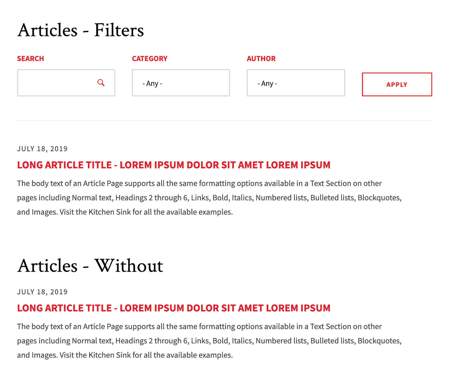 articles front-end view
