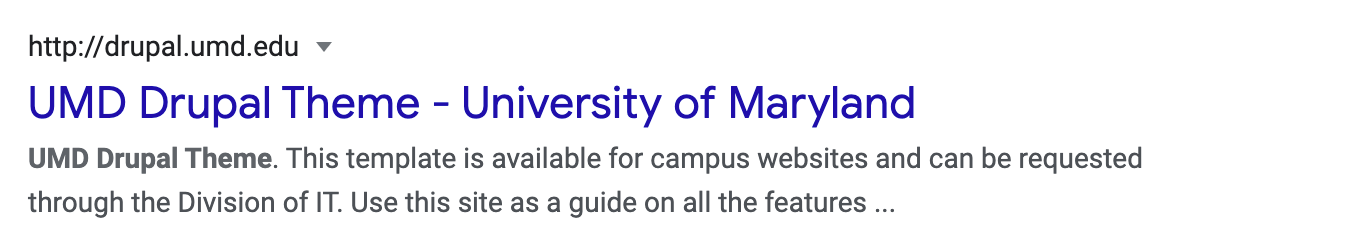 Screenshot of Google Search result listing of "UMD Drupal Them - University of Maryland"