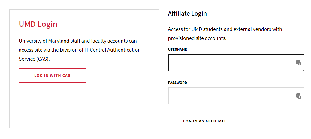 The User login page for sites with the UMD Drupal templates. the "/user" in the address bar, and the "CAS Login" link are highlighted for importance