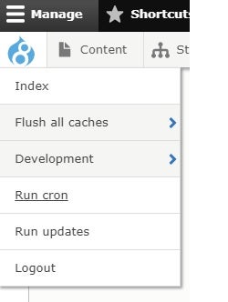 Top left Drupal Drop menu with Cron highlighted