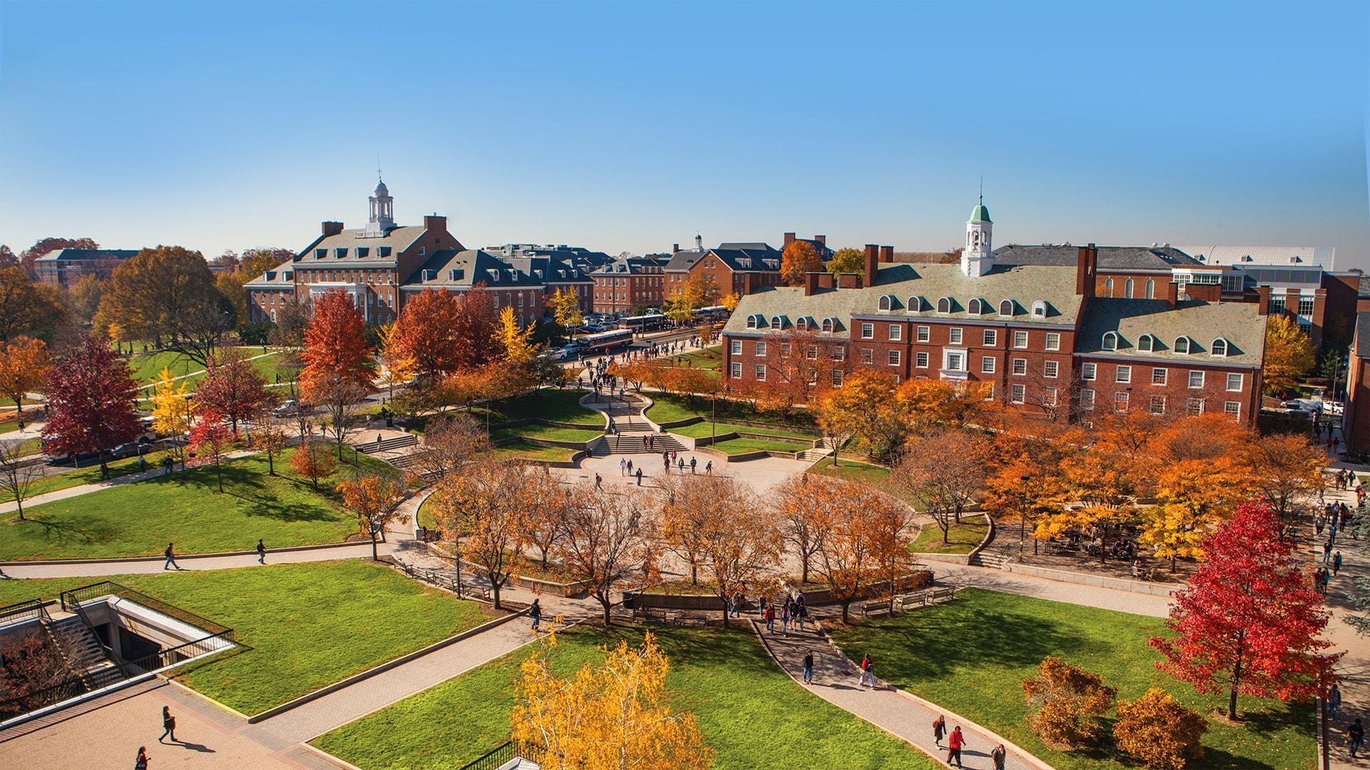 Hornbake plaza as viewed from the top of Hornbake Library. Scene includes fall colors in the trees and students walking along sidewalks on a crisp fall day.