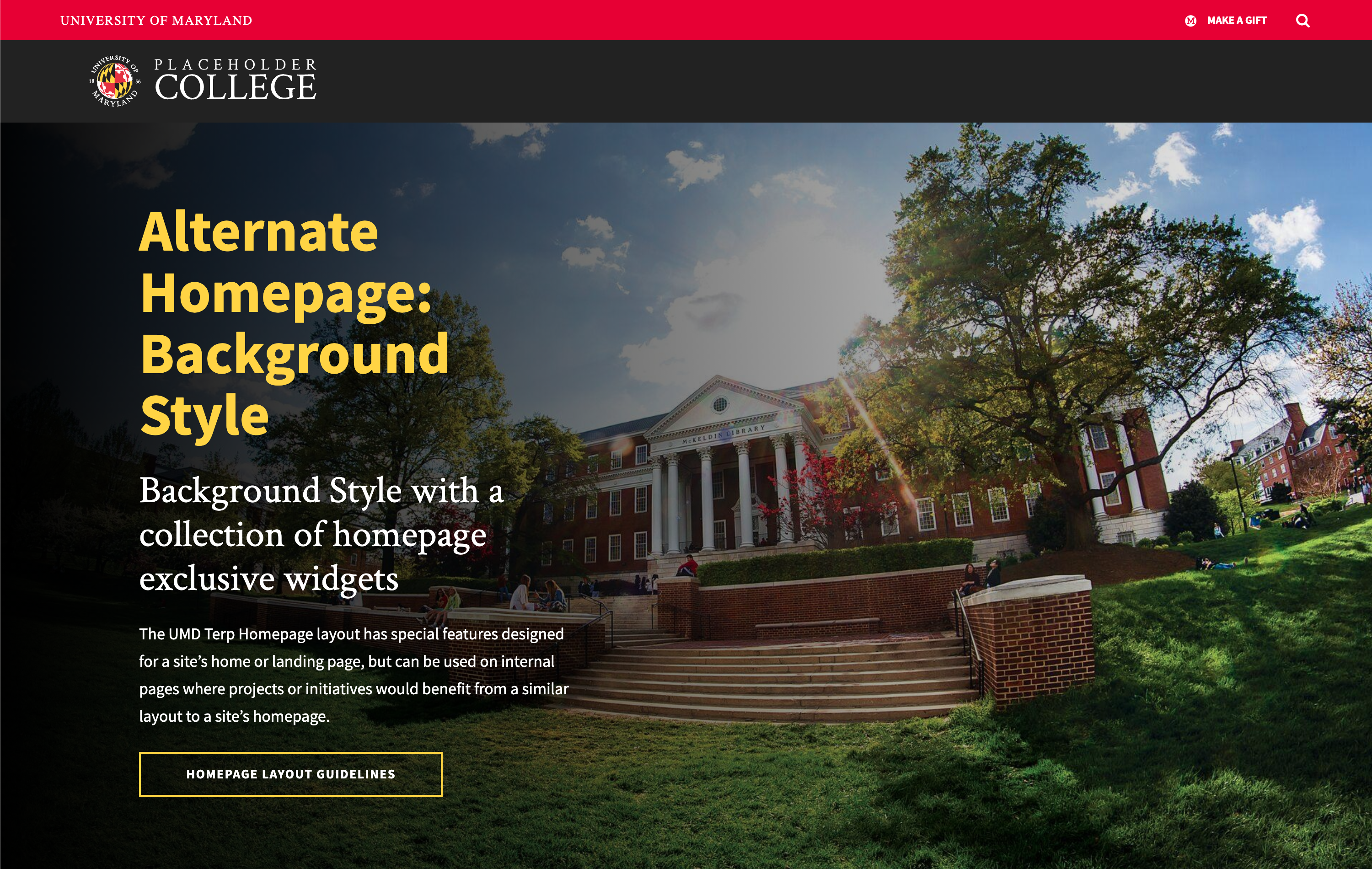 Screenshot of a landing page styled with the umd terp templates using a full width background image of the steps in front of McKeldin Library