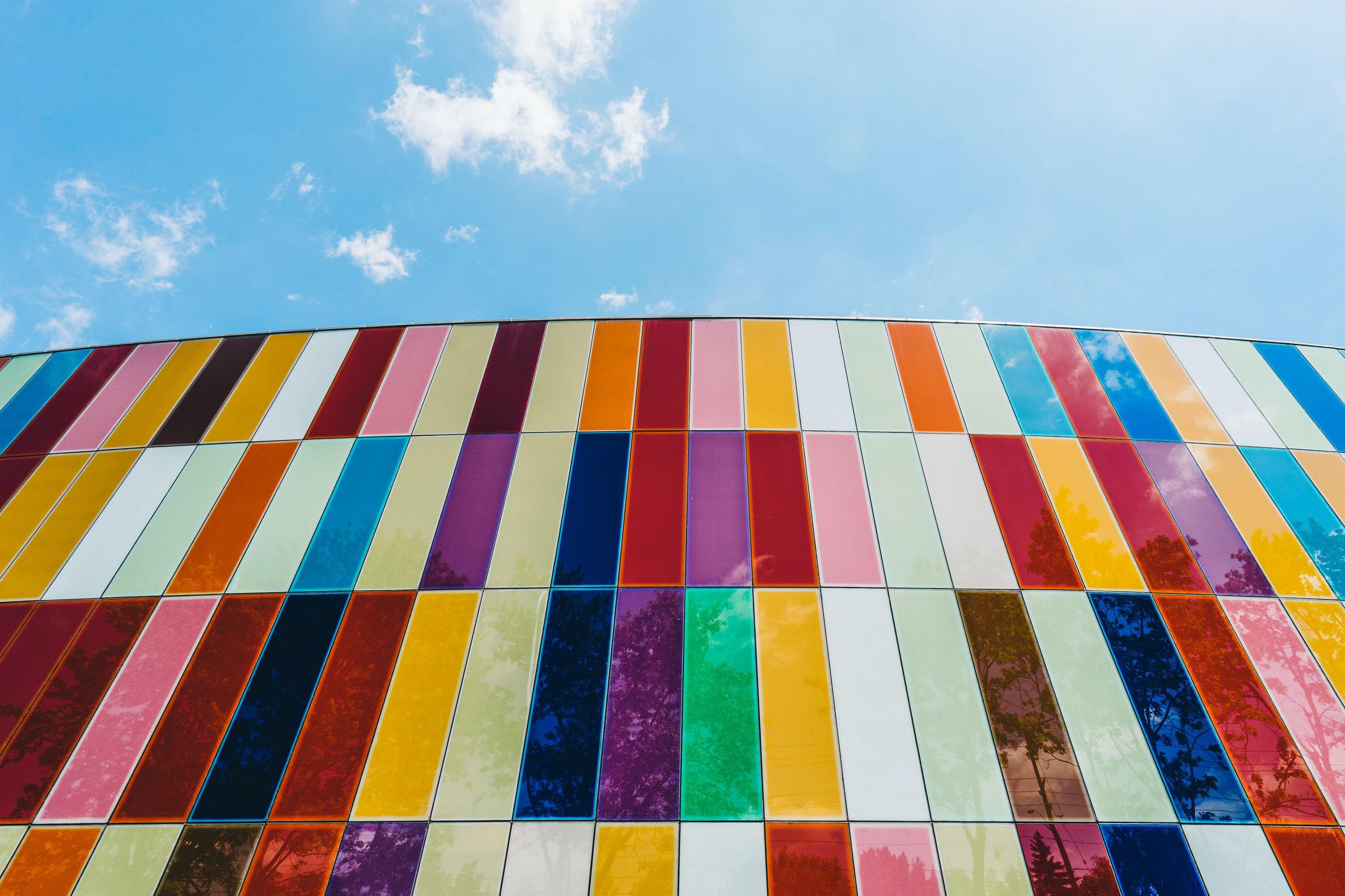 Building wall made up of colored glass rectangles